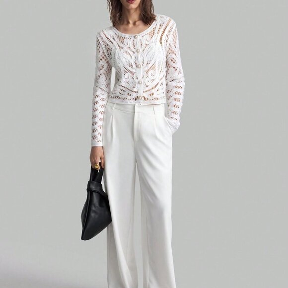 White Casual Women's Crew Neck Long Sleeve Sheer Front Button Up Blouse - Picture 3 of 11